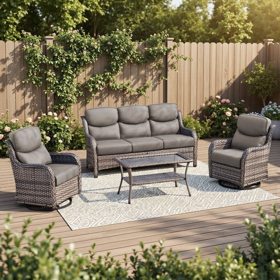 POCASSY 4-Piece Outdoor Patio Furniture Set with Swivel Chairs, Luxury High Back Rattan Wicker Outdoor Conversation Set with 5-inch Thick Seat Cushion Sofa and Swivel Glider Patio Chair for Porch