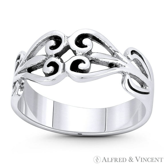 Filigree Swirl Heart Charm Vintage-Style 4-8mm Right-Hand Stacking Ring in Oxidized .925 Sterling Silver