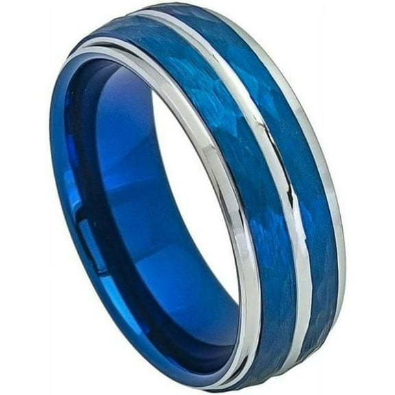 Ring for Men and Women Gifts With Thought Ring Two-tone Blue IP Plated Hammered Finish High Polished Stepped/Beveled Edge 8mm Wedding Band Ring Ideal Rings for Couples