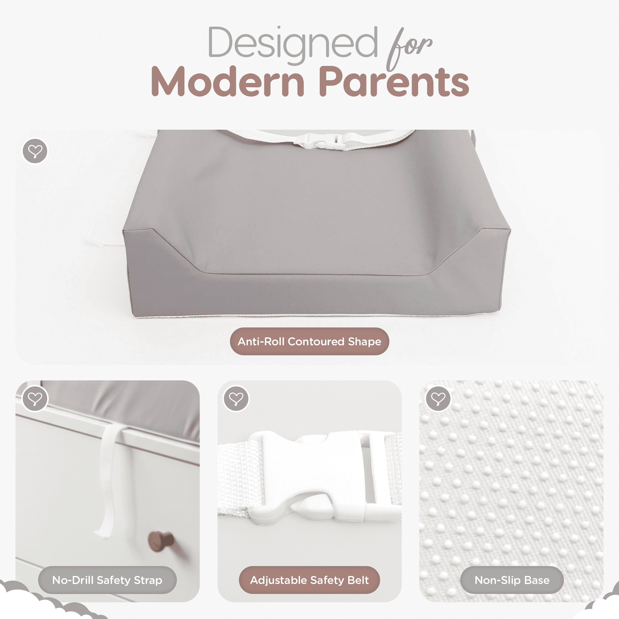 Waterproof Diaper Changing Pad by Sleepah – Vegan Leather – Wipeable Foam Changing Pad for Dresser or Table with Removable, Machine-Washable Cover – Standard Size Diaper Changing Pad – Grey