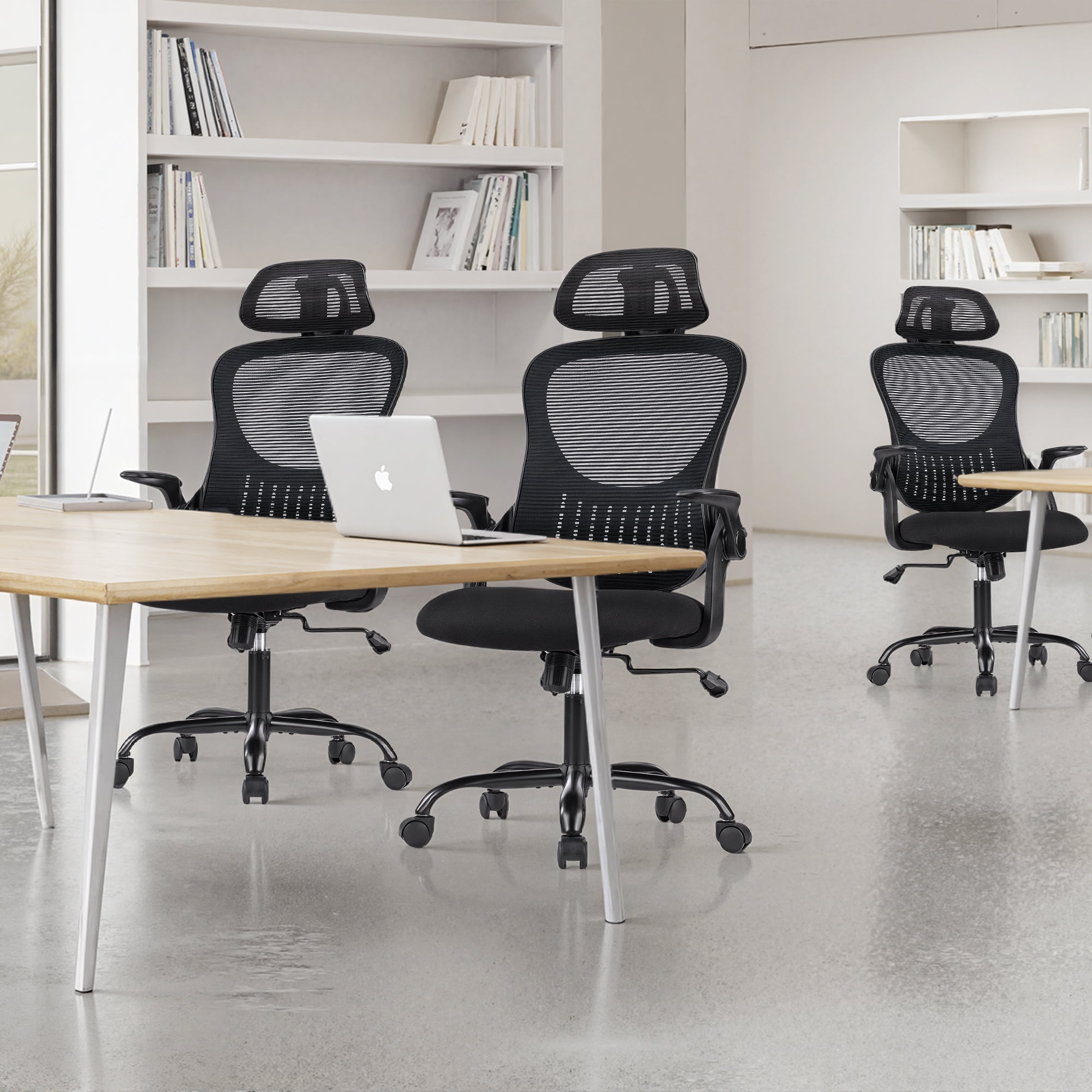 Ergonomic Office Desk Chair, High-Back Mesh Computer Chair with Adjustable Headrest, Lumbar Support, Flip-Up Armrests, Swivel Rolling Task Chair for Home Office, Black