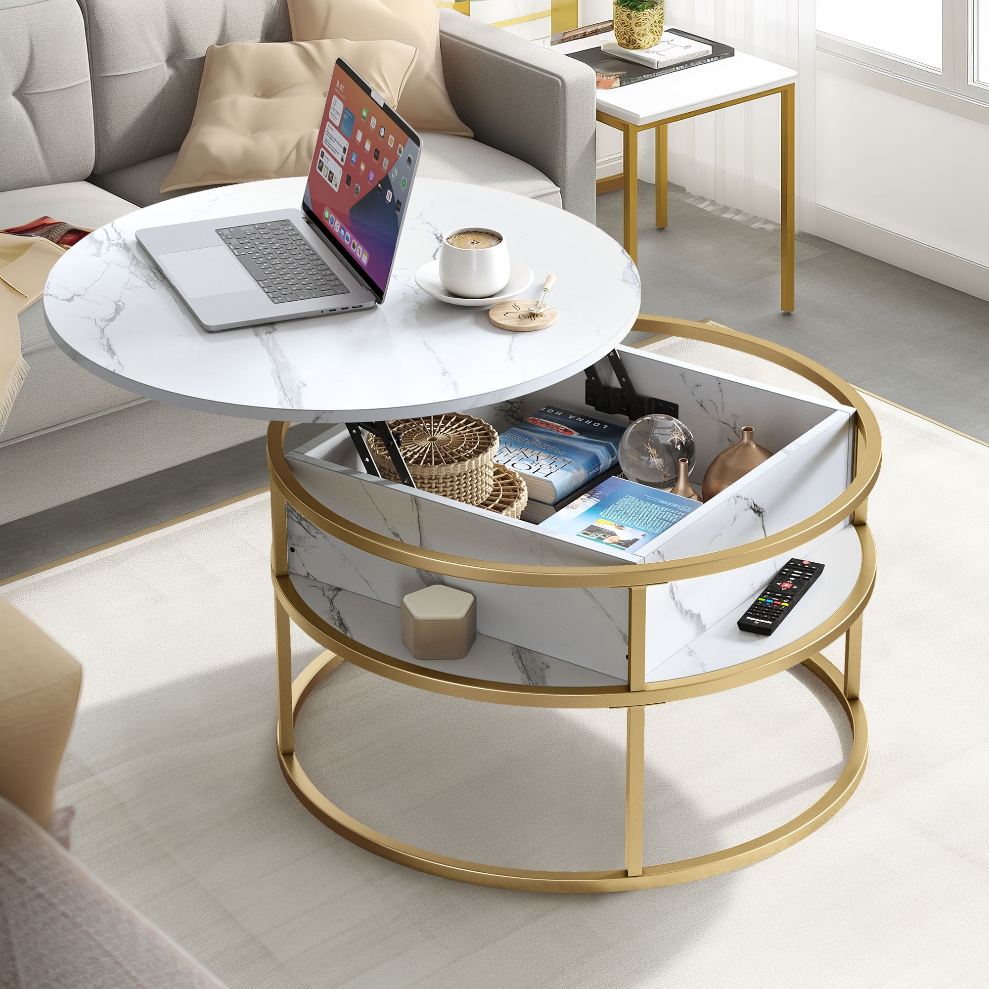 DEXTRUS Modern Lift-Top Round Coffee Table with Storage, Marble White, for Living Room & Office