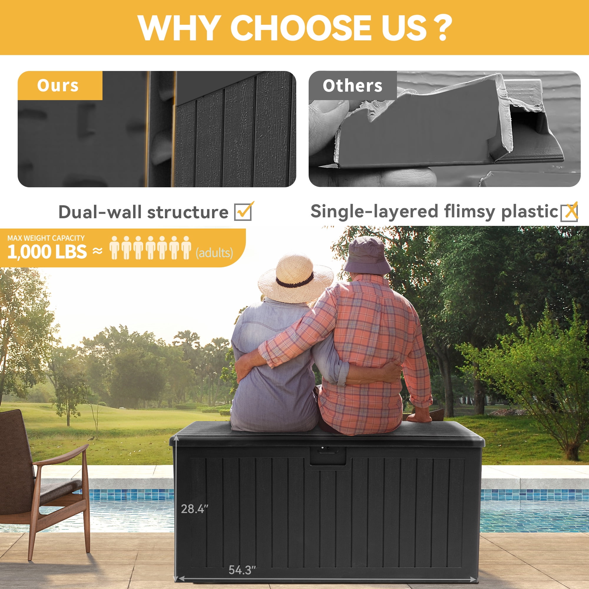 Dextrus Outdoor 150 Gallon Waterproof Resin Deck Box with Lock, Black