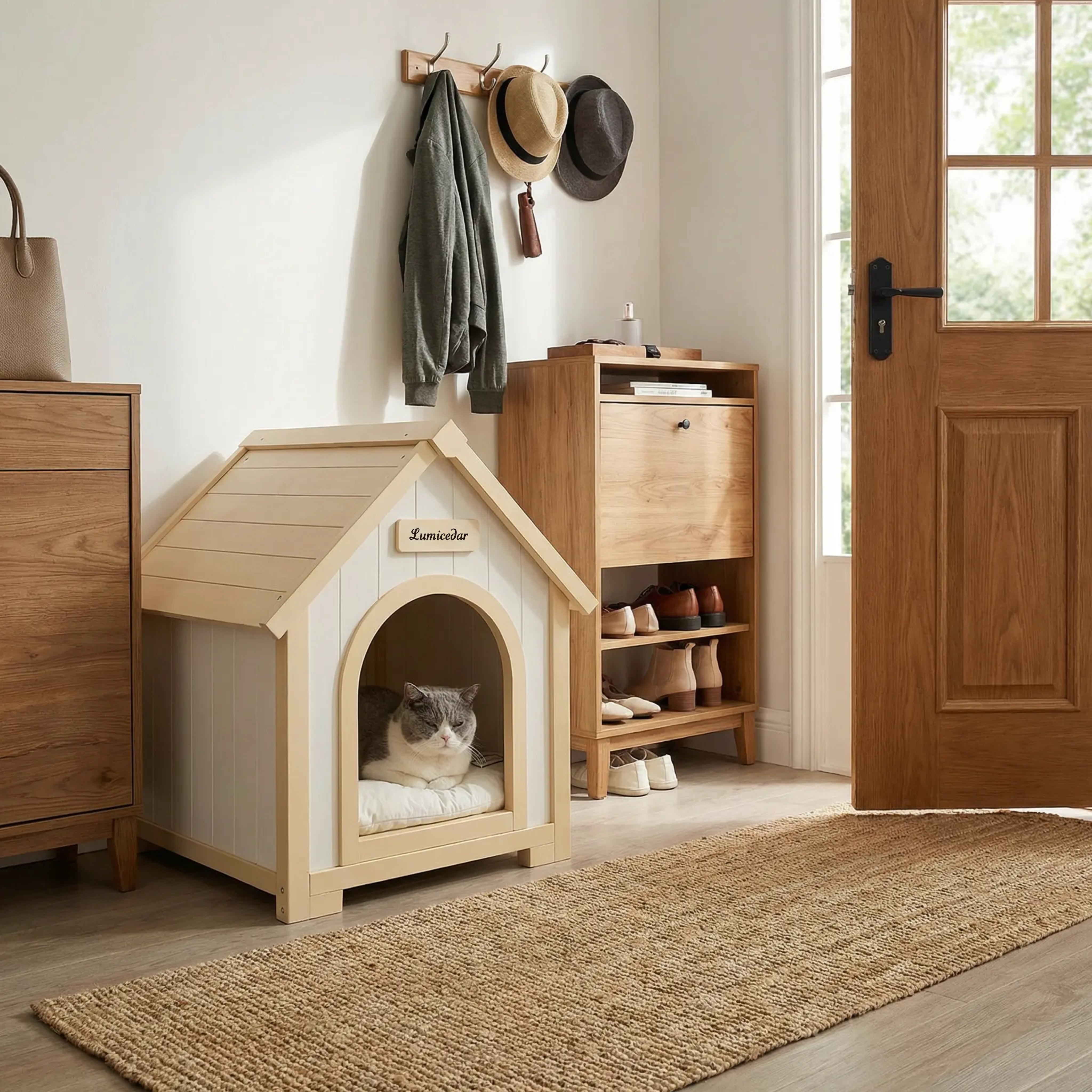 Indoor Wooden Dog House with EVA Cushion, Solid Cedar Furniture-Style Pet House Shelter for Small Dogs and Cats, Scandinavian Design Cozy Retreat for Living Room Bedroom, Creamy White Light Yellow