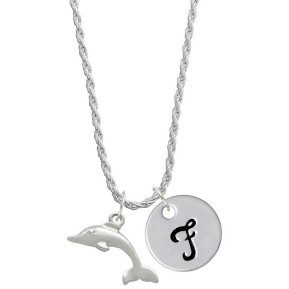 Delight Jewelry Silvertone Antiqued Dolphin Silvertone Script Initial Disc - F - Charm Necklace, 20" 3"
