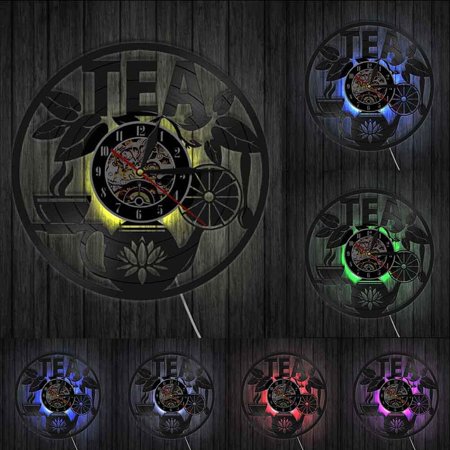 Tea Time Wall Decor Tea Pot Design Wall Clock Drink Tea Vinyl Record LP Clock Decorative Hanging Watch Tea Lovers Room Decor With LED
