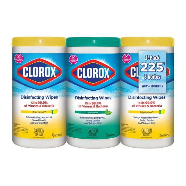 Three-pack of Clorox disinfecting wipes featuring fresh scent and crisp lemon variants, each container holds 75 wet wipes that kill 99.9% of viruses and bacteria.