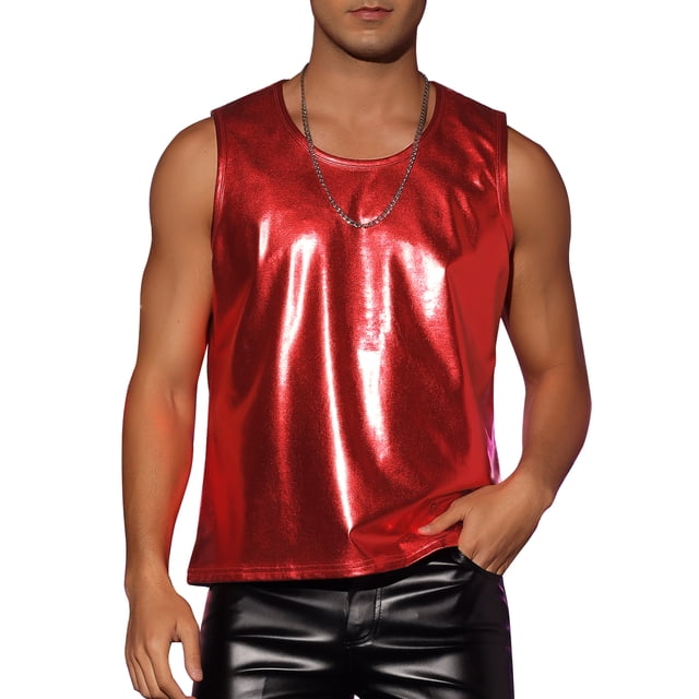 Camiseta sin mangas metálica Inspire Chic para hombre, cuello redondo, brillante, fiesta disco, talla XL, roja