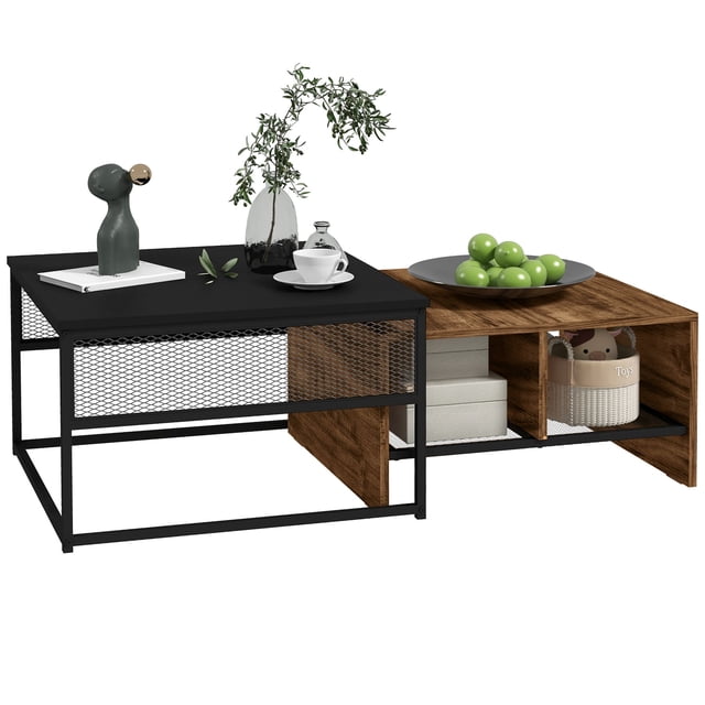 Industrial Nesting Coffee Table Set of 2, Rustic Brown Particle Board & Black Steel Frame, Square Center Table and Narrow Side Table with Mesh Shelves for Living Room