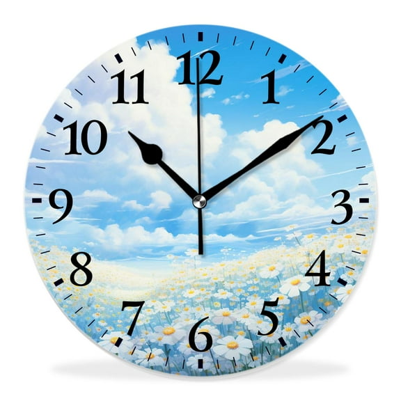 14 Inch Wall Clock Battery Operated Silent Clock Decorative for Office, Kitchen, Outdoor, Living Room，Spring Floral White Dandelion Flower Pattern