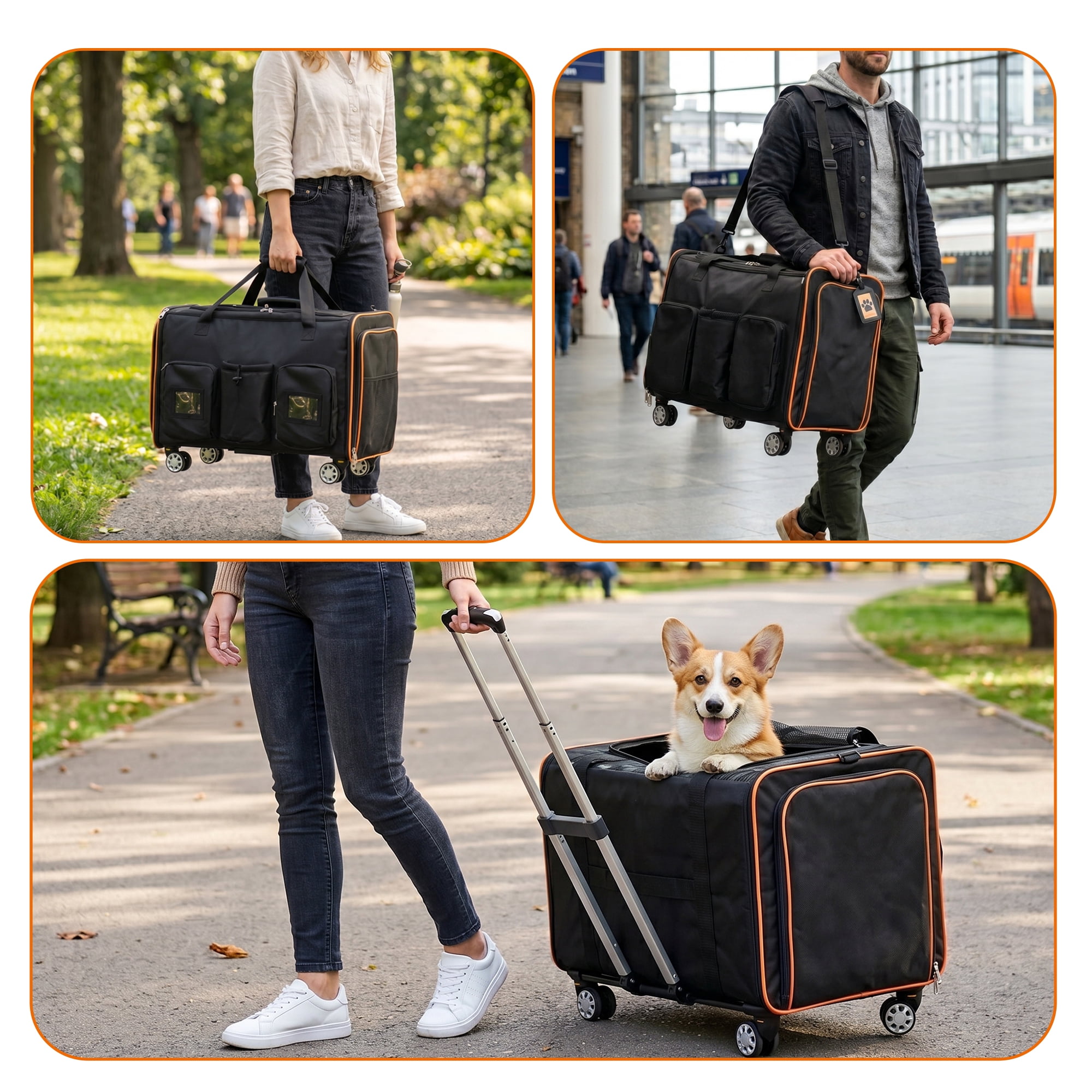 2 in 1 Large Cat Carrier for 2 Cats, Rolling Pet Carrier with Wheels, Expandable Foldable Double with Removable Divider, Breathable Mesh Oxford, Cat Travel Crate for Car/Camping/Vet, Black