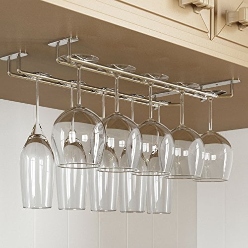 Under Cabinet Stemware rack Hanging Wine Glass holder for Kitchen storage Chrome 