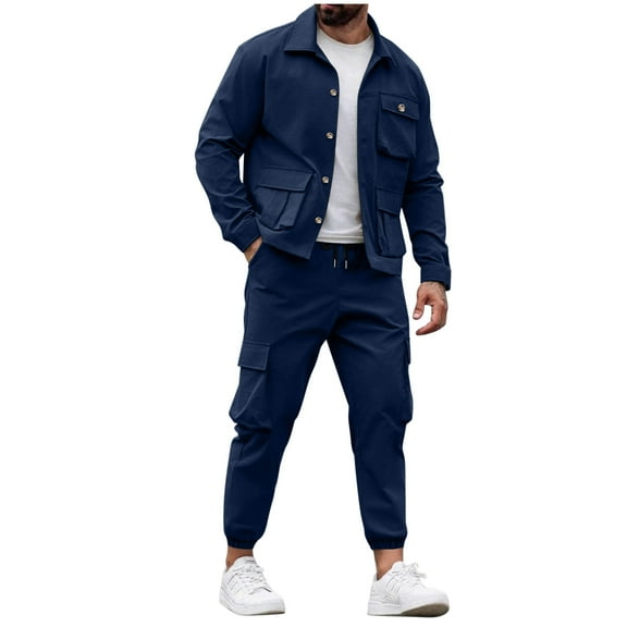 fheaev 2-Piece Outfits for Men Solid Color Casual Zipper Turndown Collar Set Cargo Pants with Pockets Jogger Sweatsuit for Sports Lounging Men'S Tracksuits