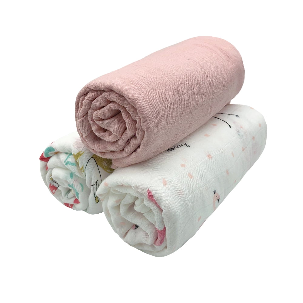 Simple Baby Essentials | Soft Bamboo Muslin Cotton Swaddles - Receiving Blankets | Baby Shower Gift | 3 Pack - Large 47”x47” | Soft Absorbent Breathable | Girl | Light Pink | Unicorn | Flamingo