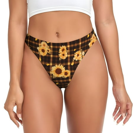 Qokaie Brown Plaid Sunflower Printed Women s Cotton Thong Underwear  Sexy Breathable Panties G-string-Medium