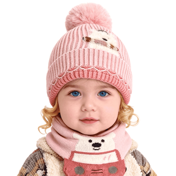 Baby Kids Winter Warm Hats, Infant Toddler Children Pom Pom Beanie Knit Cap Girls Boys-2 piece