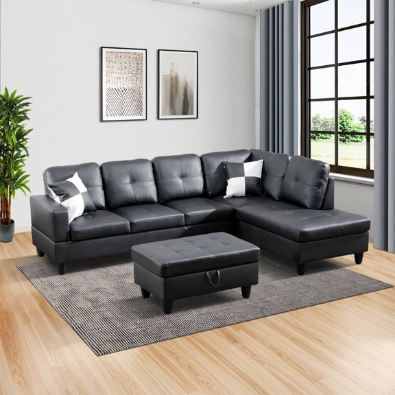 Modern Sectional Sofa Couch, 4-Seaters Leather Sleep Sofa with Right Chaise Lounge , Ottoman Furniture Sets for Living Room