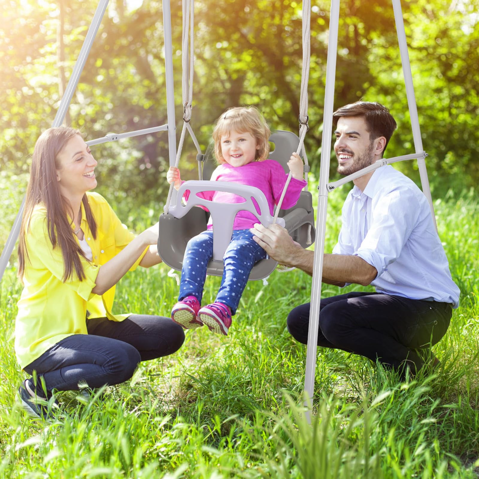 G TALECO GEAR 3-in-1 Toddler Swing Sets for Backyard, Comfy Baby Swing Outdoor Indoor, Kids Swing with Metal Stand, Gray