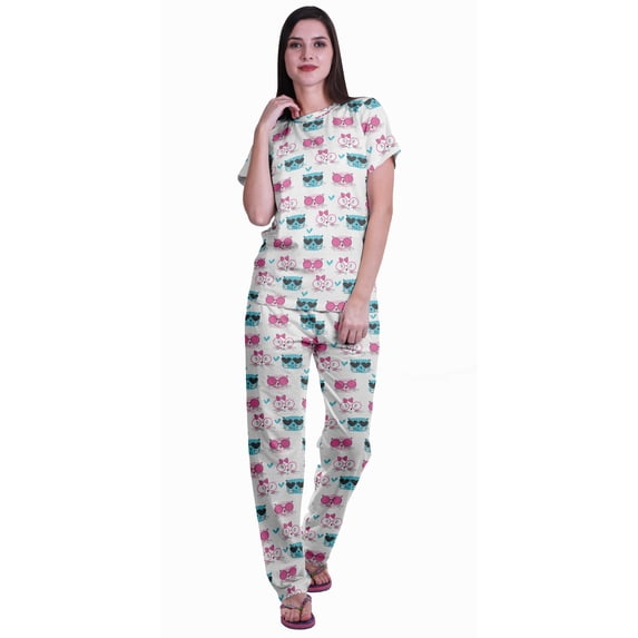 Moomaya Womens Printed Tee and Pajama Set PJs,Short Sleeve Sleepwear Nightwear Loungewear S-XXL