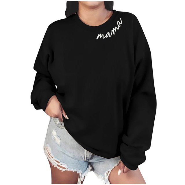 Penkiiy Mujer Mama Sweatshirt Casual Manga Larga Cuello Camisetas Pulser de Cuello Crew Outfits de Primavera 2025 Ropa Nueva M Negro