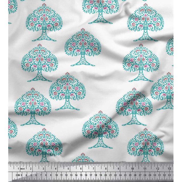 Soimoi Crepe Silk Fabric Tree Block Print Fabric by The Yard 42 Inch Wide