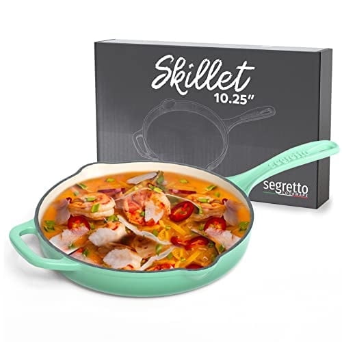 Segretto Cookware 10.25-Inch Enameled Cast Iron Skillet Pan with Handles, Large Frying Pan for Cooking, Light Green