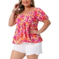 thumbnail image 4 of Agnes Orinda Women's Plus Size Floral Tops Sweatheart Neck Short Sleeve Ruffle Hem Back Smocked Casual Summer Babydoll Blouses 4X Orange Pink, 4 of 6