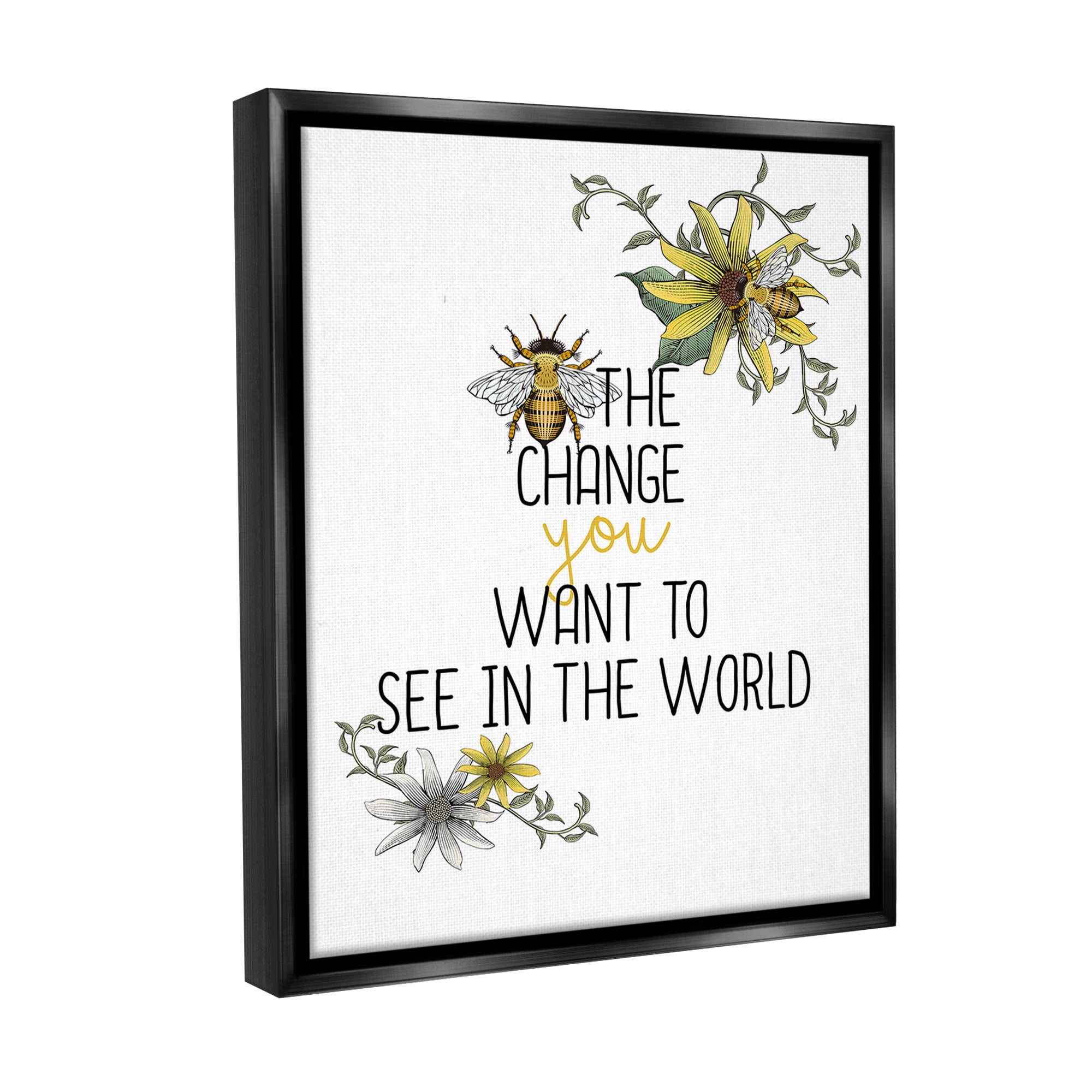 Stupell Industries Bee The Change Botanical & Floral Painting Black Floater Framed Canvas Art Print Wall Art, 25 x 31