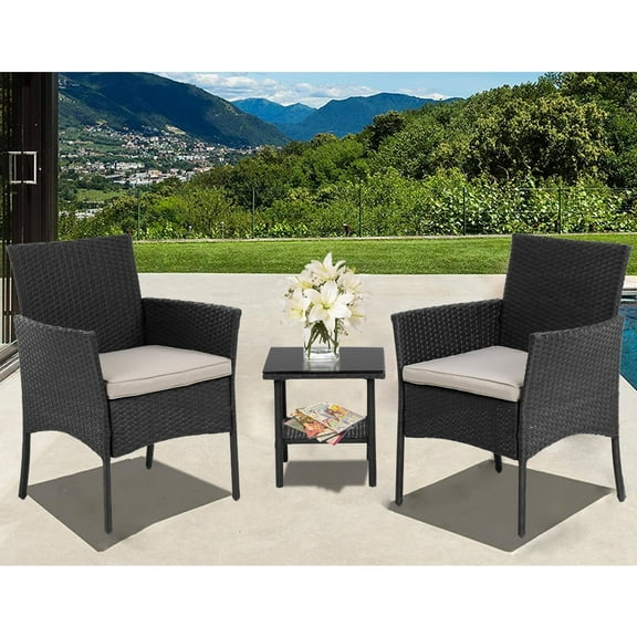 FDW 3 Pieces Outdoor Patio Furniture Wicker Table and Chairs Set Bar Set with Cushioned Tempered Glass, Black