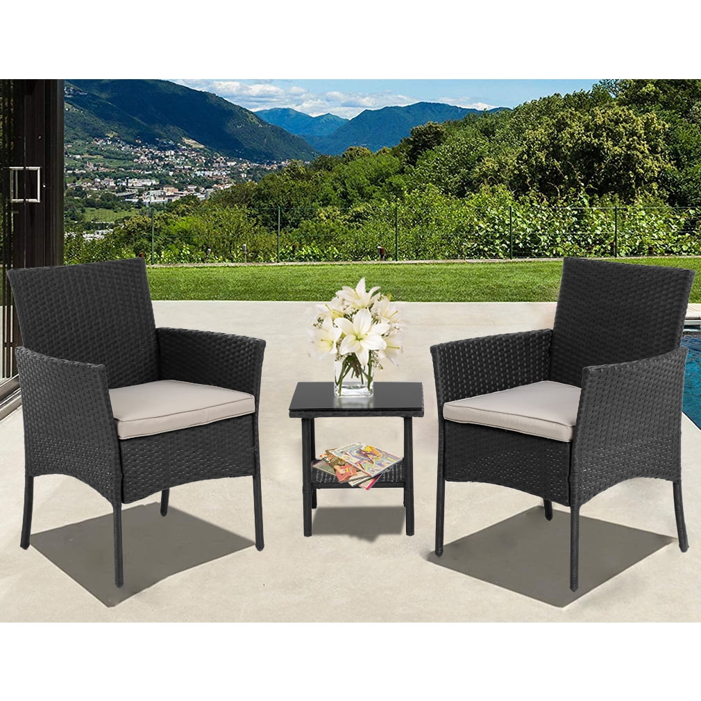 FDW 3 Pieces Outdoor Patio Furniture Wicker Table and Chairs Set Bar Set with Cushioned Tempered Glass, Black