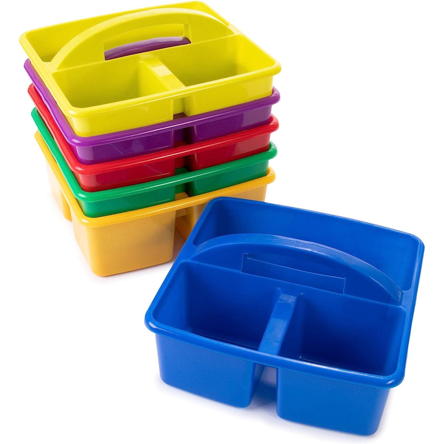 6 Multicolored Storage Caddies Bulk Stackable Plastic Bins with 3