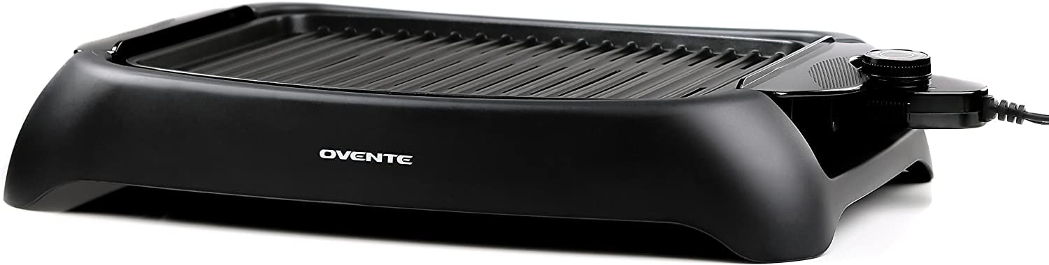Ovente Electric Indoor Smokeless Cooking Grill 13 x 10 Inch Portable Nonstick Plate with Large Grilling Surface & Oil Drip Pan, Compact Easy Clean Temperature Control for BBQ Party, Black GD1632NLB