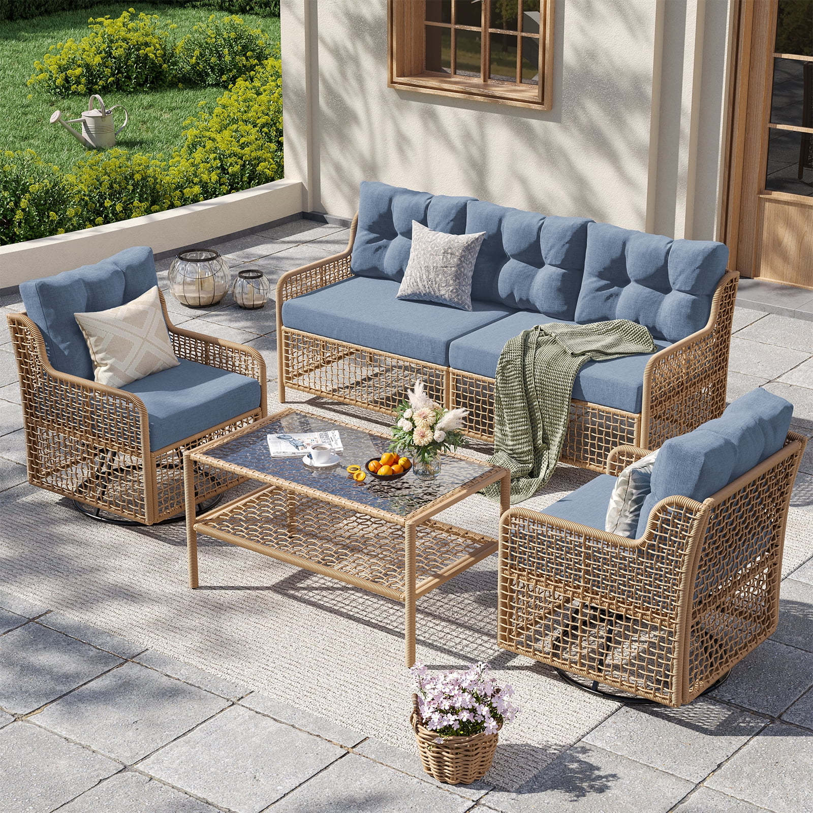 ELPOSUN 5-Seat Outdoor Patio Furniture Set, Wicker Rattan Outdoor Furniture Set with Swivel Chairs & All-Weather Thickened Cushions for Garden, Porch, Backyard, and Poolside, Denim Blue