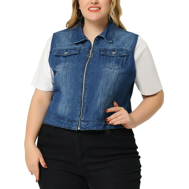 Chaleco de mezclilla sin mangas Agnes Orinda Plus Size para mujeres, chaqueta de jeans con cierre y botones, talla 3X, azul mezclilla