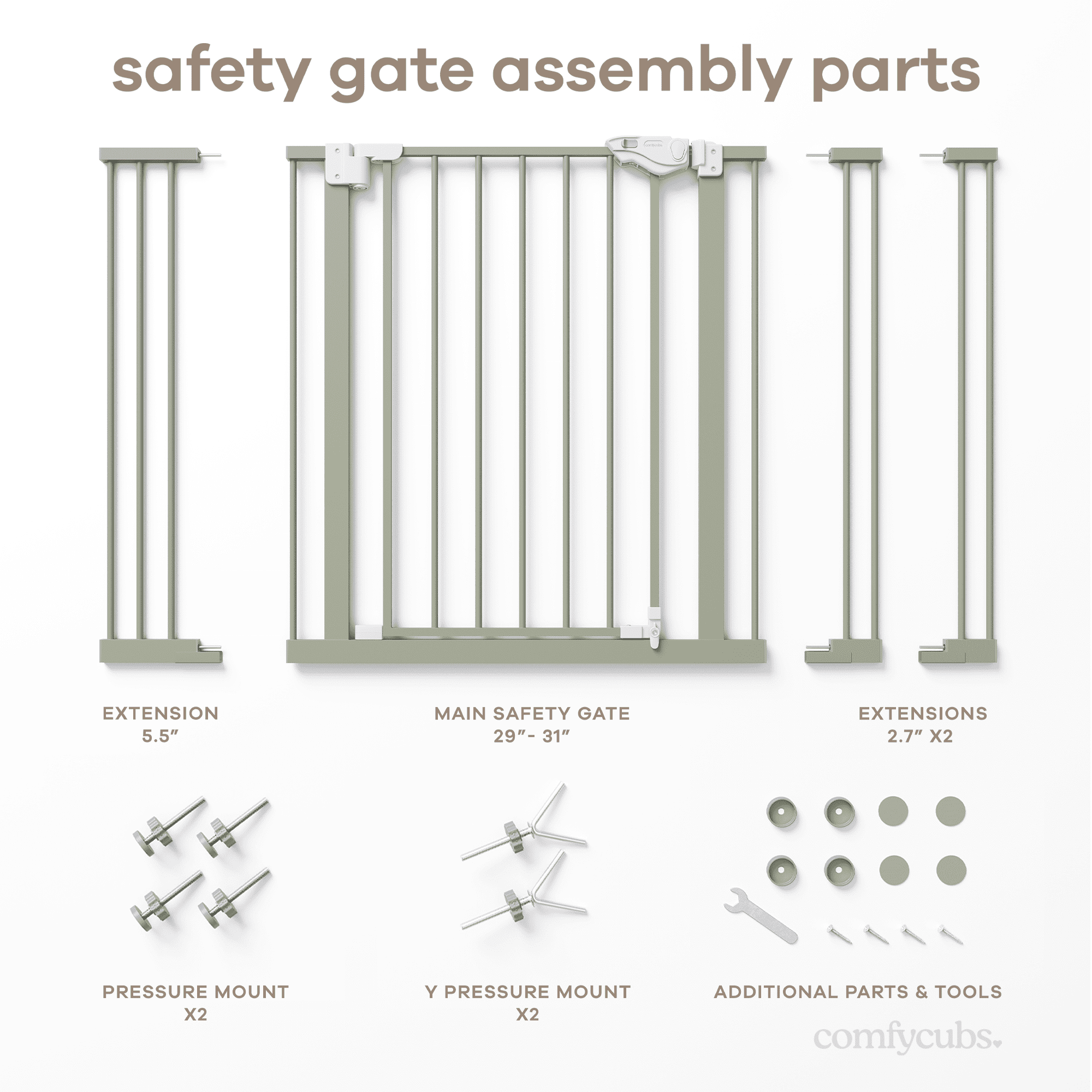 Comfy Cubs Baby Safety Gate - 3 Extensions 42"x1.9"x30", Adjustable Q195 Steel Gate (Sage)