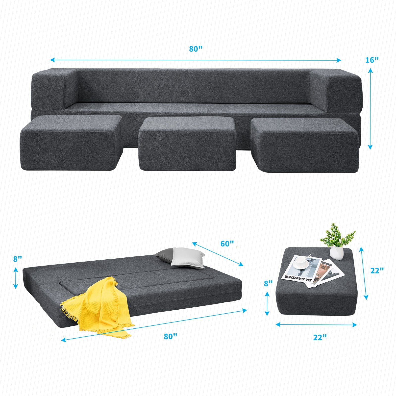 BALUS Convertible Sofa Bed, Loveseat Sleeper Sofa Queen for Living Room, Futon Floor Sofa for Small Space (Dark Grey)