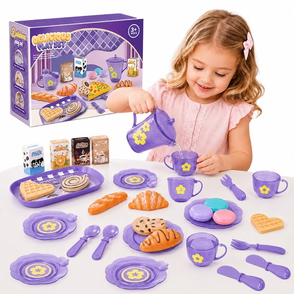 Rirool 33-Piece Purple Dessert Pretend Play Tea Set, Kids Kitchen Toy with Cakes, Cups, Plates, Utensils, Play Food Accessories for Girls Boys Ages 3 , Birthday Christmas Party Gift