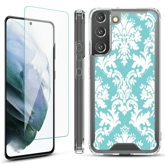 Shockproof Bumper Phone Case for Samsung Galaxy S22  / S22 Plus 5G, with Tempered Glass Screen Protector, by OneToughShield ® - Victorian White/Teal