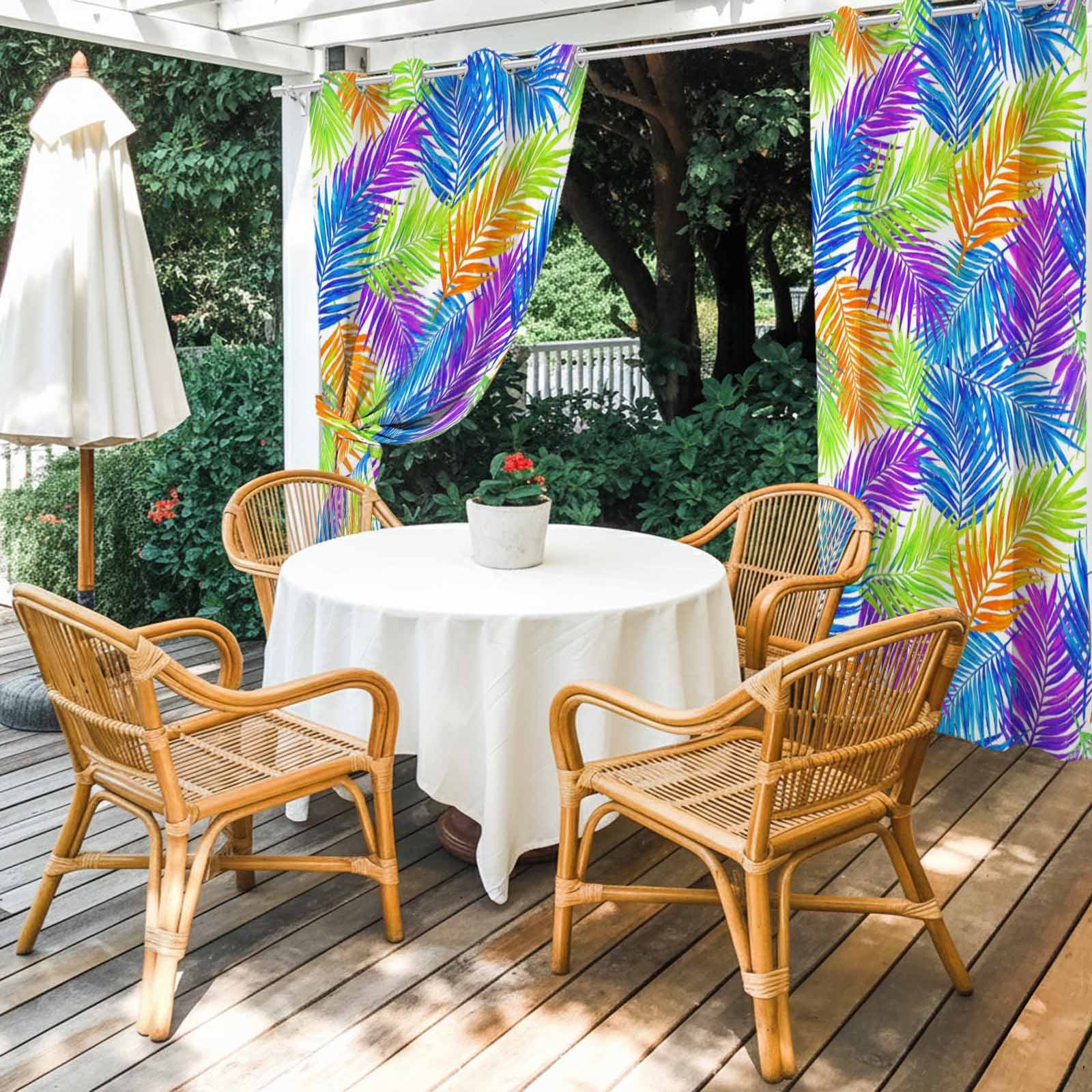 Colorful Palm Leaf Outdoor Curtains for Patio, Summer Rainbow Fronds Boho Purple Blue Yellow Leaf Sunshade Privacy Drapes Grommet Waterproof Outside Curtains for Porch Balcony 54"x108", 1 Panel