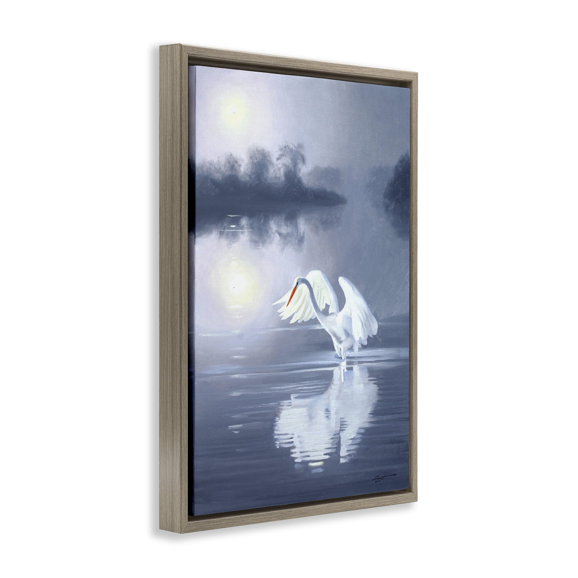 Stupell Industries Egret on Stormy Waters Animals & Insects Painting Brown Floater Framed Canvas Art Print Wall Art, 17 x 25