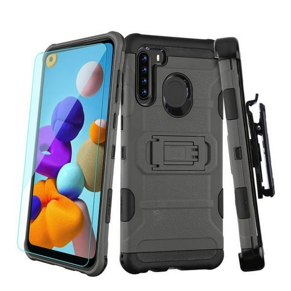 Samsung Galaxy A21 Phone Case Combo 3 in 1 Hybrid Impact Armor Rugged TPU Rubber Silicone Shockproof Protective Cover with Holster Belt Clip & Tempered Glass GRAY Cover for Samsung Galaxy A21