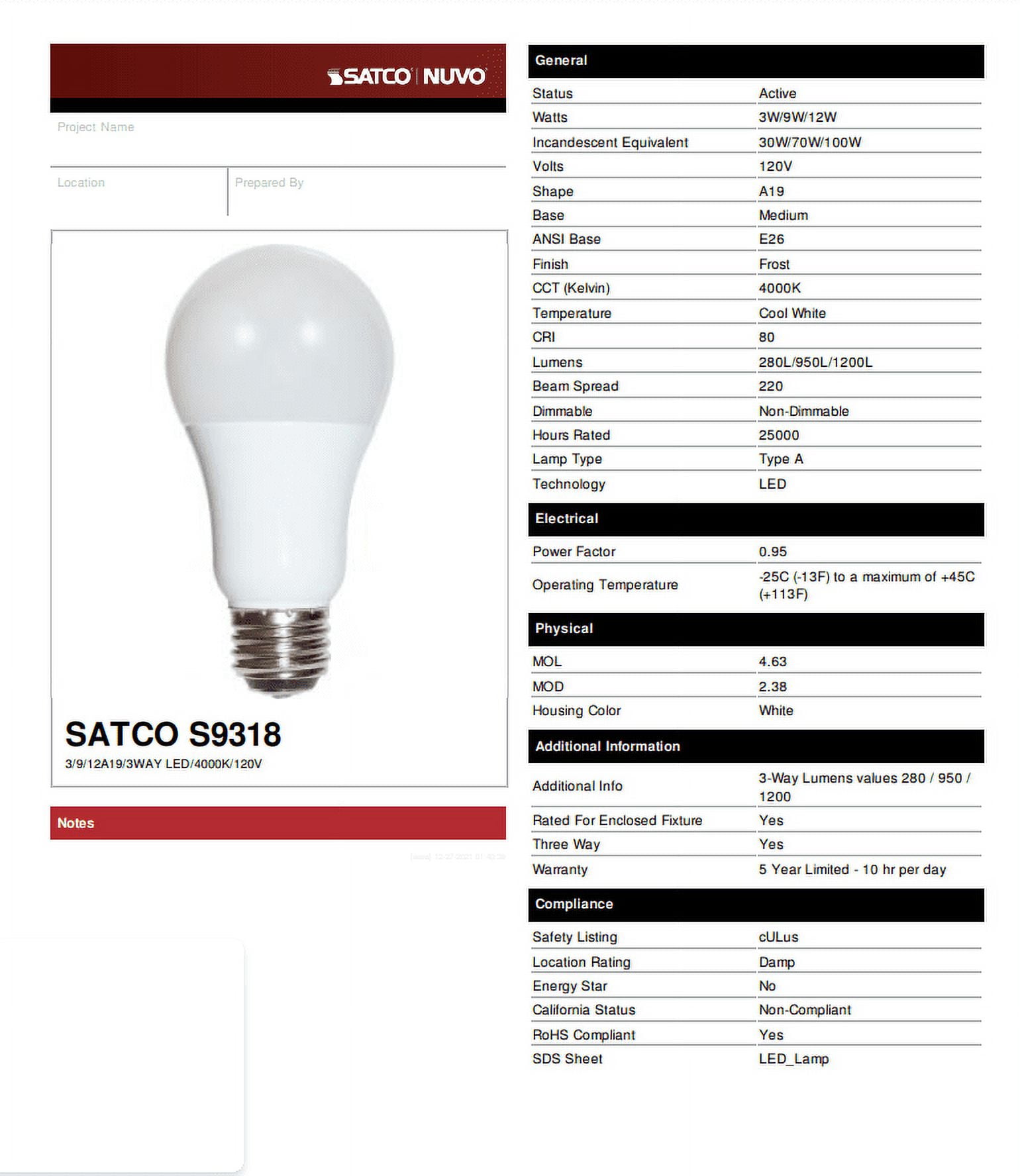 SATCO S9318 3 Way LED Bulb Frosted A19 E26 Medium Base 4000K (6 Pack)