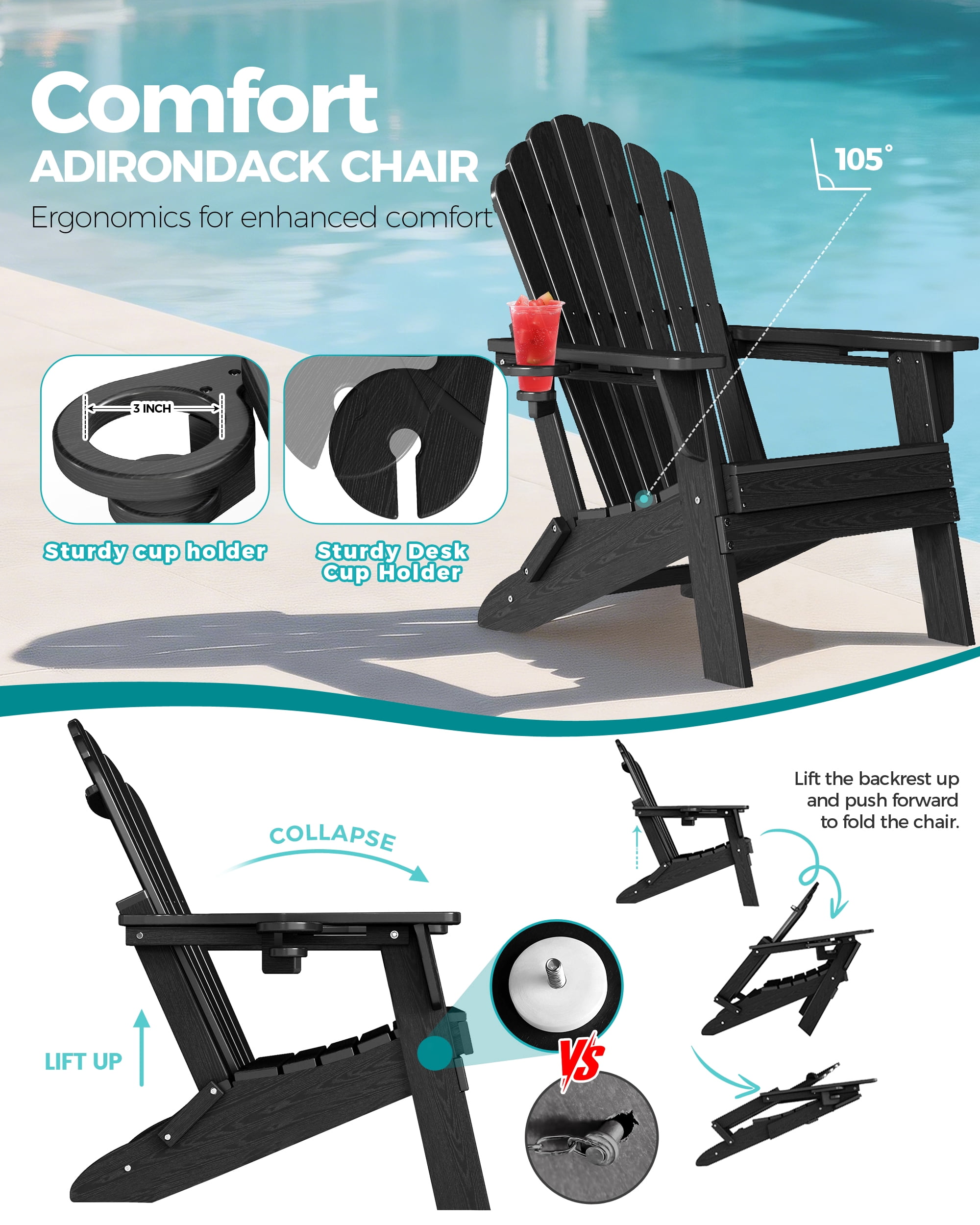 Cobiod Folding Adirondack Chairs Set of 4 with Double Cup Holders, HDPE All-Weather Patio Chair for Fire Pit, Pool & Garden, Black