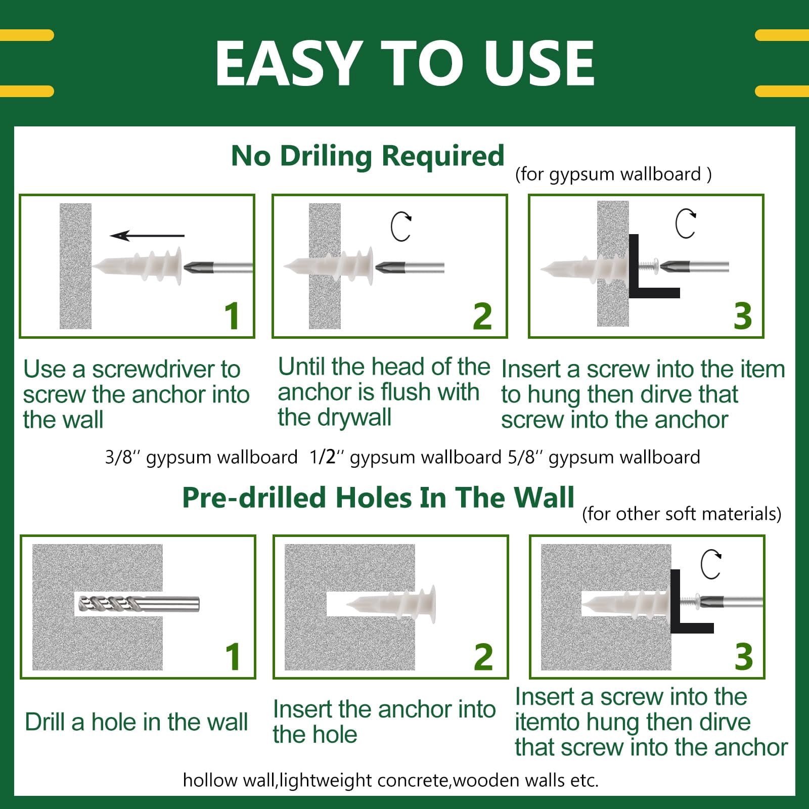 156PCS Self Drilling Drywall Anchors and Screws for Drywall,3 Sizes Nylon Plastic Wall Anchors,13x42mm,15x33mm, 10x33mm,No Pre Drill Hole Preparation Required