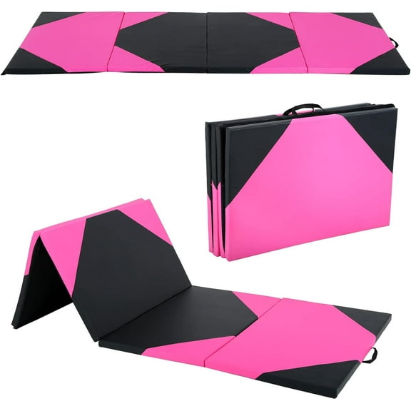 Dkelincs Gymnastics Mat Exercise Mat Tumbling Mats for Home Gym, Folding Portable 4'x10'x2" Crash Panel Mat with Carrying Handle, Black&Pink