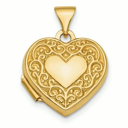 14K Yellow Gold Fancy Scroll Design Front and Back Heart Locket Charm Pendant