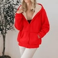thumbnail image 5 of Women's Fashion Casual Solid Color Sweatshirt Loose Zipper Cardigan Long Sleeve Hooded Jacket for Fall and Winter Casual Wear,Red,3XL, 5 of 6