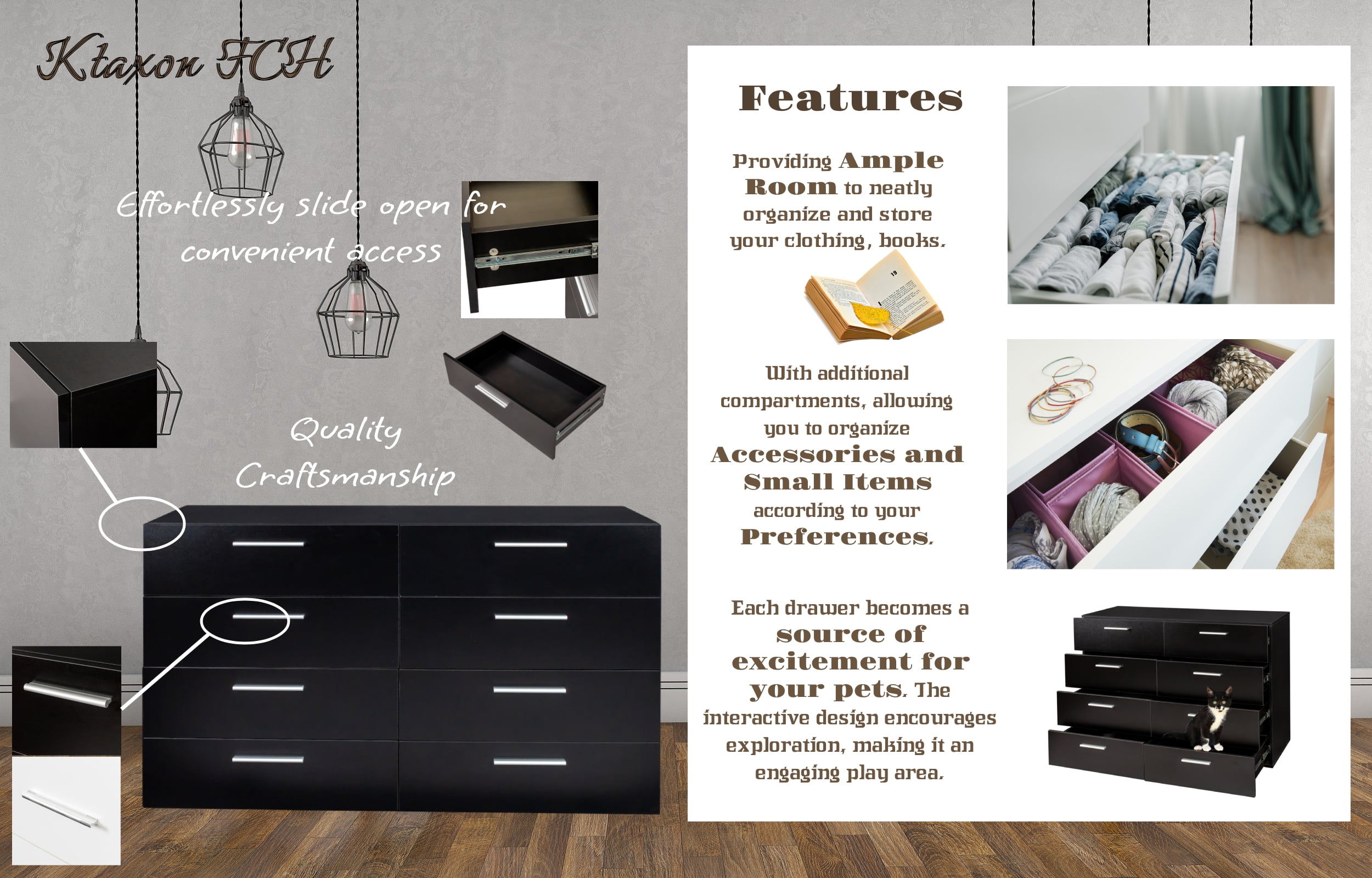 Ktaxon Bedroom Dresser with 8 Drawers, Wooden Double Dresser for Entryway, Wide Storage Cabinet for Living Room, Black
