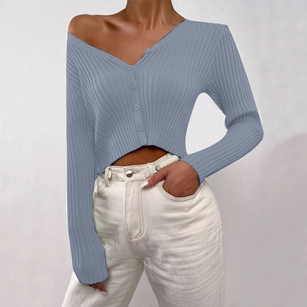 Suéter de cuello en V para mujer, suéter holgado de color liso con cuello en V, suéter, abrigo, suéter para mujer