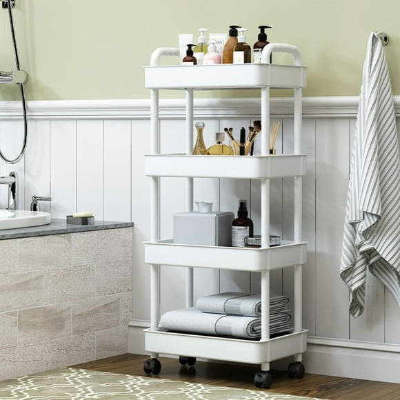 Carro de almacenamiento de cocina | Carrito organizador de plástico blanco de cuatro niveles - Estanterías ventiladas con bordes redondeados | Unidad de almacenamiento con ruedas de varias